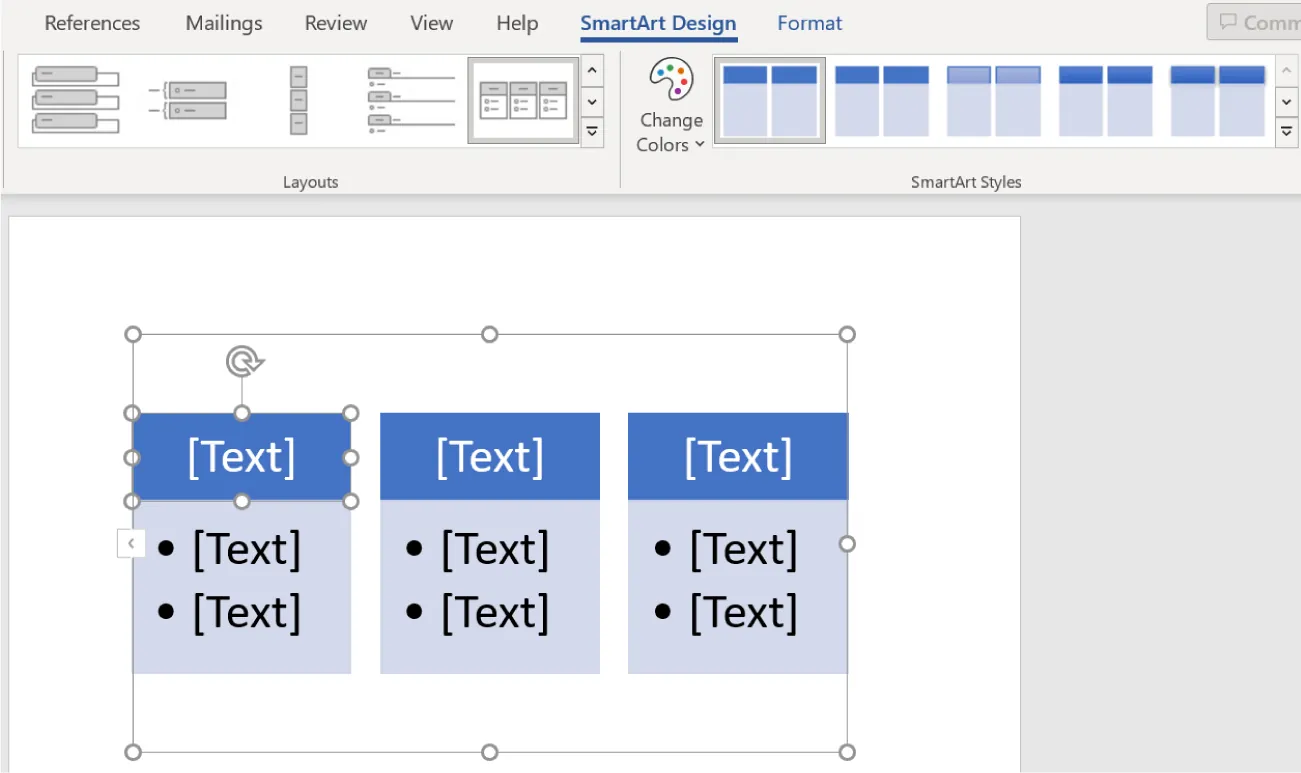 Three vertical boxes with dark blue band at the top with a [Text] box and light blue larger band along the bottoms with two bulleted [Text] boxes is inserted into a document.