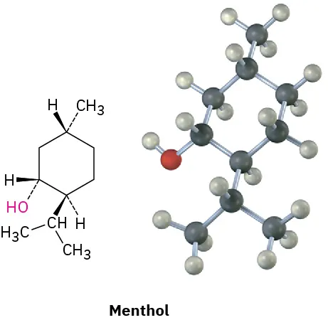 The wedge-dash structure and ball and stick model of menthol. In the model, black, gray, and red spheres represent carbon, hydrogen, and oxygen atoms, respectively.