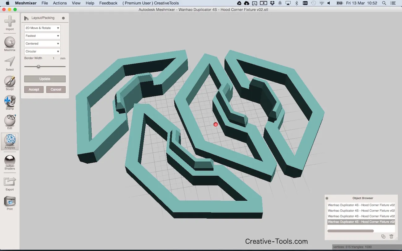 A software screen showing a number of trapezoidal parts arranged at irregular angles in what appears to be an effort to minimize wasted space. Three of the parts are packed closely together in a sequence, with a fourth on top utilizing the remaining space. The overall shape forms a rough square. 