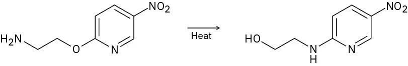 When heated, pyridine with a nitro group at C 2 and, at C 5, an oxygen bonded to ethylamine reacts to form a product where the substituent at C 5 rearranges.