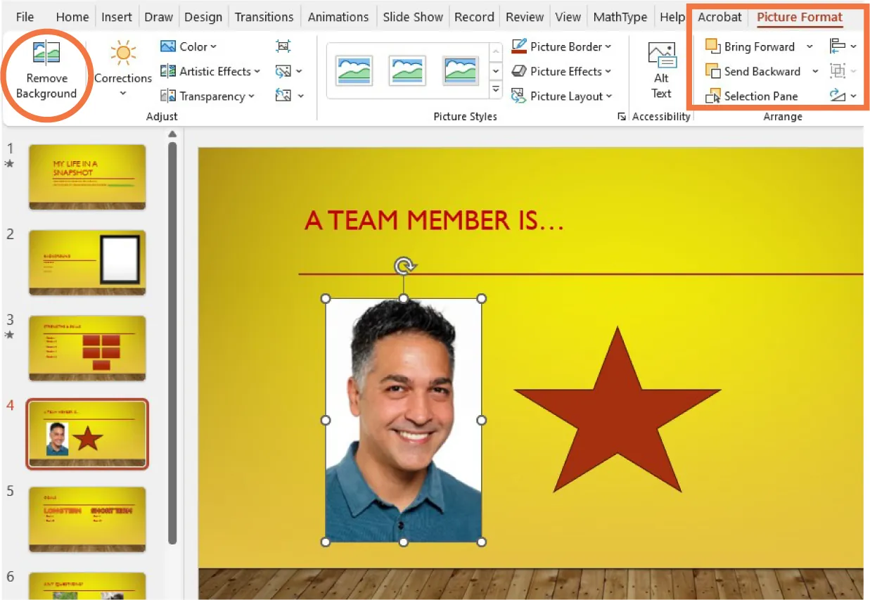 A PowerPoint screen is open with the Remove Background option selected. It also shows a red box around the Picture Format features.