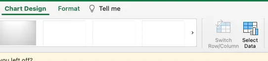 A screenshot of Excel's Chart Design tab with the option to Select Data.