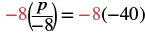 A mathematical equation shows '-8' multiplied by 'P divided by -8' on the left side, which equals '-8' multiplied by '-40' on the right side. The -8 coefficients are highlighted in red.