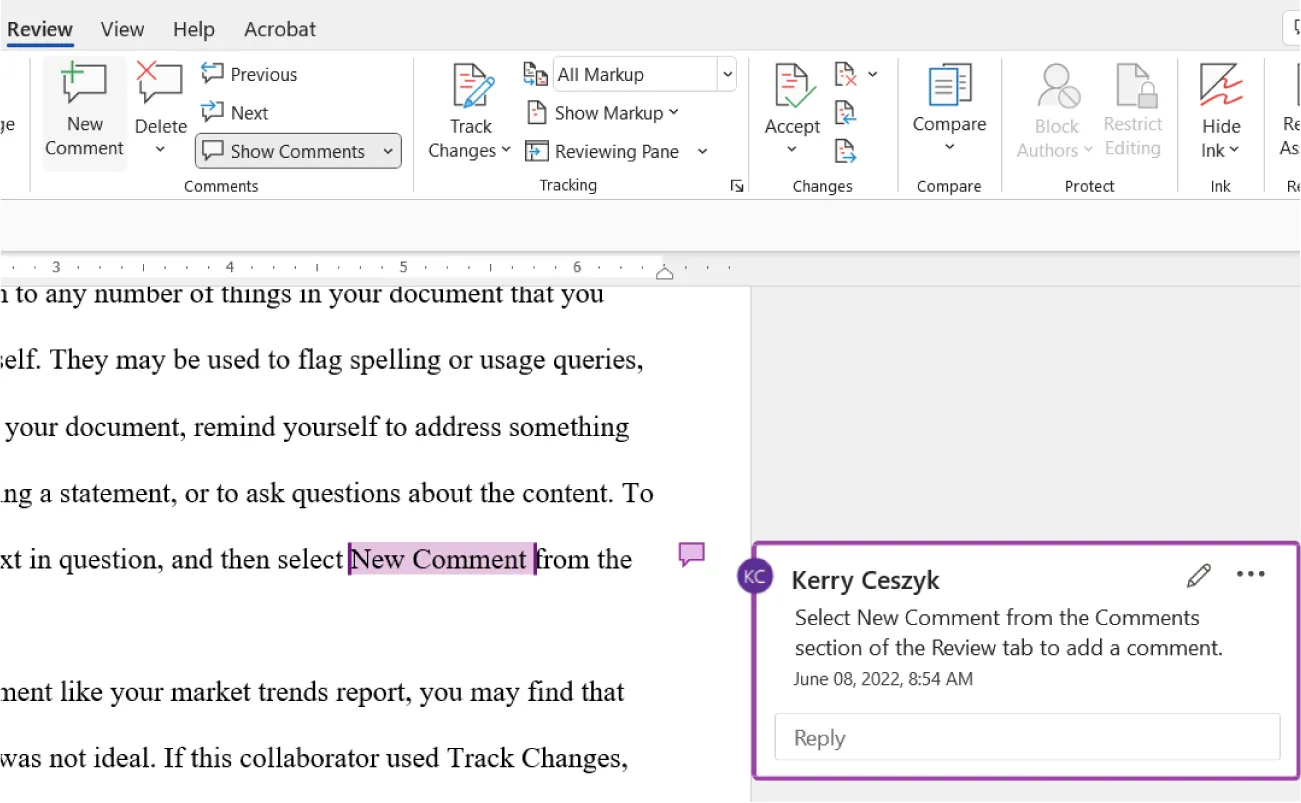 Show Comments is selected in Comments command group. The words “New Comment” are highlighted and a speech bubble is visible. A comment box displays name of commenter, comment, date, and Reply box.