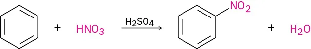 Benzene reacts with nitric acid in the presence of sulfuric acid to form nitrobenzene and water.