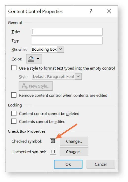 Content Control Properties pane displays category for Check Box Properties. Options available are Checked symbol (selected with an X) and Unchecked symbol with buttons for Change located next to both.