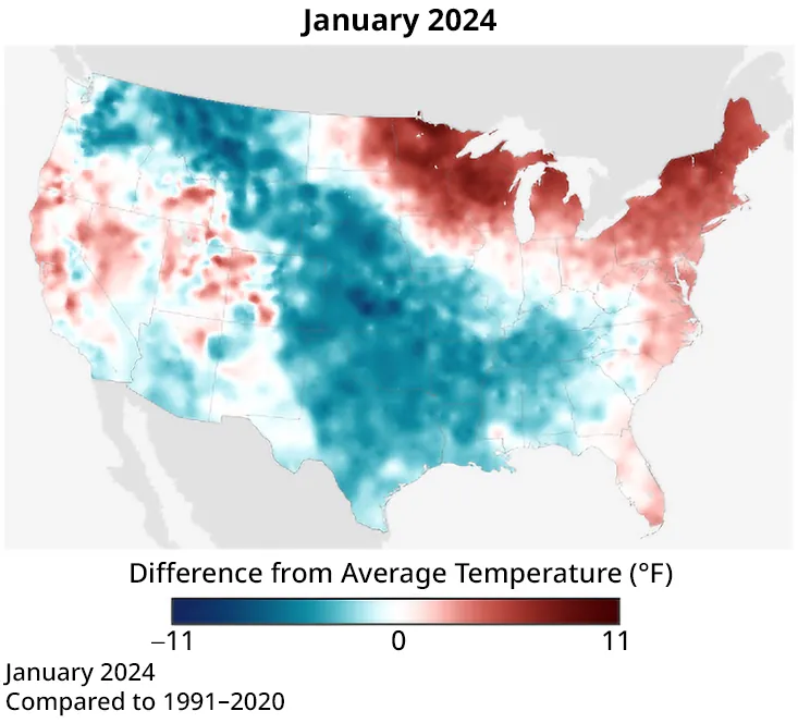 A heatmap with a map of the US labeled January 2024. The legend shows differences from average temperature from -11 represented by blue to 11 represented by red. The northeast US is mostly red and the center of the country is mostly blue. The west coast is a mixture of the two.