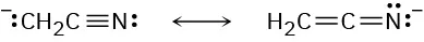 Two resonance structures of the anion of acetonitrile anion are shown. There is a pair of electrons and a negative charge shown on a C H 2 group on one resonance form and on N on the other.