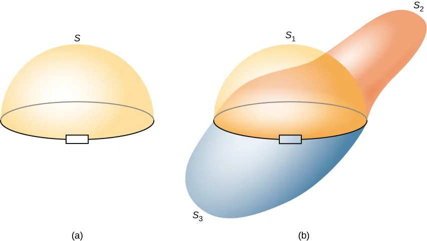 Części a i b rysunku przedstawiają widok poziomej, przewodzącej, kołowej pętli. Pętla jest w pewnym miejscu przerwana i w przerwę tę włączony jest rezystor. Na obwodzie pętli rozpięte są zamknięte, wypukłe powierzchnie. W części a rysunku, powierzchnia, oznaczona S – ma formę półsfery, otaczającej górną część płaszczyzny pętli. Część b rysunku przedstawia analogiczną pętlę wraz z półsferyczną powierzchnią, oznaczoną S1. Górna część płaszczyzny tejże pętli – otoczona jest dodatkową powierzchnią S2, o kształcie zbliżonym do wrzeciona, odchylonego ku prawej stronie rysunku. Dolna część płaszczyzny pętli – otoczona jest powierzchnią S3 o kształcie zbliżonym do wrzeciona, odchylonego ku lewej części rysunku.