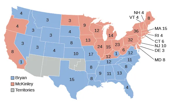 A map shows the votes of the Electoral College in the 1896 election.