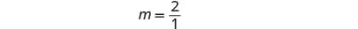 A mathematical equation displays 'm = 2/1' on a white background, representing a slope or a ratio where m is equal to two divided by one.