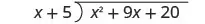 The long division of x squared plus 9 x plus 20 by x plus 5