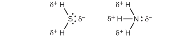 Se muestran dos estructuras de Lewis. La estructura de la izquierda muestra un átomo de azufre con dos pares solitarios de electrones unido con enlace simple a dos átomos de hidrógeno. Cerca del azufre hay un símbolo de dipolo con un signo negativo en superíndice. Cerca de cada hidrógeno hay un símbolo de dipolo con un signo positivo en superíndice. La estructura de la derecha muestra un átomo de nitrógeno con un par de electrones solitario unido con enlace simple a tres átomos de hidrógeno. Cerca del nitrógeno hay un símbolo de dipolo con un signo negativo en superíndice. Cerca de cada hidrógeno hay un símbolo de dipolo con un signo positivo en superíndice.