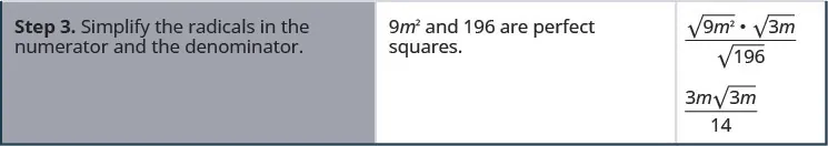 The third row says, “Step 3. Simplify the radicals in the numerator and the denominator.” Then it says, “9 m squared and 196 are perfect squares.” It then shows the square root of 9 m squared time the square root of 3 m over the square root of 196. It then shows 3 m times the square root of 3 m over 14.