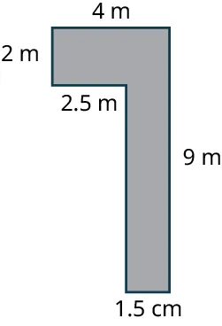 An L-shaped figure. The sides measure 2 meters, 4 meters, 9 meters, 1.5 meters, 7 meters, and 2.5 meters.