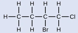 This structure shows a C atom bonded to the H atoms and another C atom. This second C atom is bonded to two H atoms and another C atom. This third C atom is bonded to a B r atom, an H atom, and another C atom. This fourth C atom is bonded to two H atoms and a C l atom.