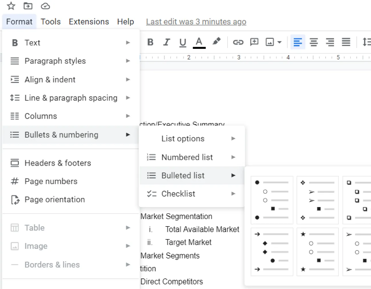 Format tab opens to Bullets & numbering, which opens to Bulleted list, which open to display of six different tiered lists using combinations of different shapes (i.e., dark/white circles/squares/arrows, etc.).