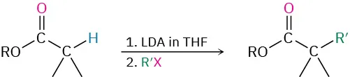 An ester reacts with L D A in T H F in the first step and alkyl halide in the second step to yield an alpha alkylated ester.