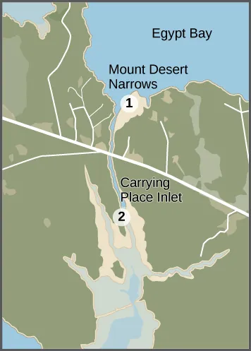 This is a colored aerial picture pointing out a land mass that separates two coastal estuarine habitats, the mud flats of Egypt Bay and the Mount Desert Narrows. The figures mark two locations on the map, the Mount Desert Narrow and the Carrying Place Inlet, where the water transport has been hindered by a dam at the Carrying Place Inlet.
