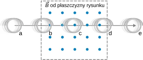Rysunek przedstawia prostokątny obszar, w którym istnieje jednorodne pole magnetyczne o indukcji B – prostopadłe do płaszczyzny rysunku. Pole to zwrócone jest od płaszczyzny tegoż rysunku. Dłuższe boki obszaru pola są poziome. Niewielka kilkuzwojowa cewka porusza się w poziomie, ze strony lewej ku prawej rysunku – w kierunku środka lewego boku obszaru pola magnetycznego. Powierzchnia cewki jest prostopadła do linii sił pola. W pierwszej fazie ruchu, oznaczonej literą a – cewka znajduje się jeszcze całkowicie przed obszarem pola. W drugiej fazie ruchu, oznaczonej literą b – cewka wniknęła w obszar pola, przy czym około jednej trzeciej jej powierzchni znajduje się jeszcze poza obszarem pola magnetycznego. W trzeciej fazie ruchu, oznaczonej literą c – cewka znajduje się w środku obszaru pola. W czwartej fazie ruchu oznaczonej literą d –, niewielka część powierzchni cewki znajduje się już poza prawą granicą obszaru pola. W ostatniej fazie ruchu oznaczonej literą e – cewka znajduje się już całkowicie poza prawą granicą obszaru pola.