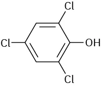 The structure has a phenol ring. C 2, C 4, and C 6 are each bonded to a chlorine atom.