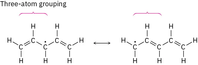 Two resonance forms of pentadienyl radical, featuring an unpaired electron on the central carbon atom in one case and the left-most carbon atom in the next, separated by a double-headed arrow.