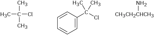 Chemical structures of t-butyl chloride, a benzene ring bonded to a carbon that has a chlorine and two methyl substituents, and 2-aminobutane.