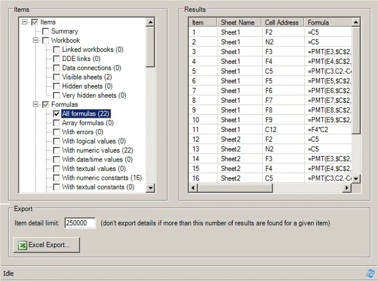 A pane displays options for Items (lists Summary, Workbook, Formulas along with other options), Results (lists Item, Sheet Name, Cell Address, Formula), and Export (includes Item detail limit and Excel Export button).