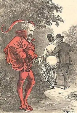 A cartoon shows Roscoe Conkling dressed as the devil, while Hayes walks off with his arm around a woman’s waist. The caption reads: “Unto that Power he doth belong Which only doeth Right while ever willing Wrong.”