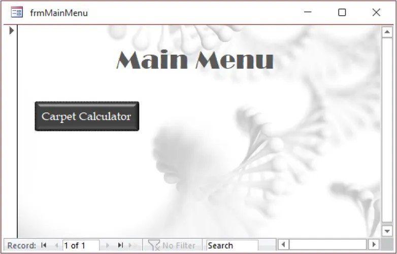 A file titled frmMainMenu displays Main Menu across the top in large font with a button at the left labeled Carpet Calculator. The background is spiral designs in gray and white.