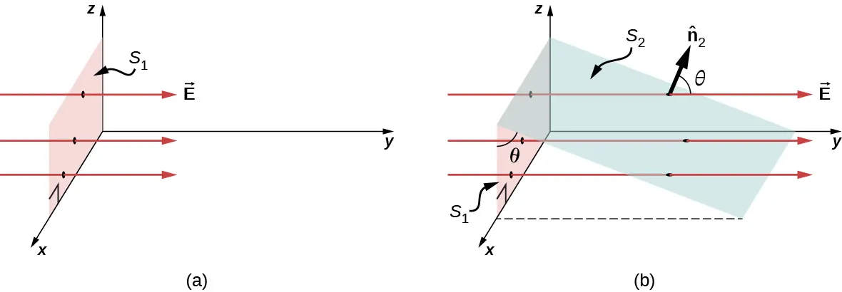 La figura a muestra un área rectangular sombreada en el plano x z. Esto está marcado como S1. Hay tres flechas marcadas como E que pasan por S1. Son paralelas al eje y, y apuntan a lo largo del eje y positivo. La figura b, también tiene el plano S1 y las flechas E. Otro plano, marcado S2 forma un ángulo theta con el plano S1. Su línea de intersección es paralela al eje x. Una flecha marcada como vector n 2 forma un ángulo theta con E.