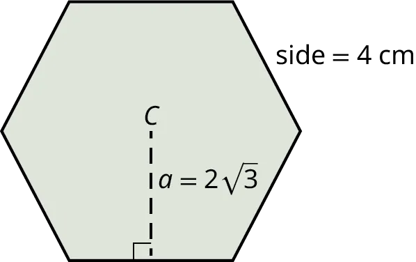 A hexagon with its center marked C. Each side measures 4 centimeters. The apothem is marked a equals 2 times square root of 3.