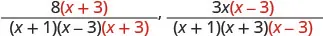 Two rational expressions are shown: 8(x+3)/((x+1)(x-3)(x+3)) and 3x(x-3)/((x+1)(x+3)(x-3)). Key terms are highlighted in red.