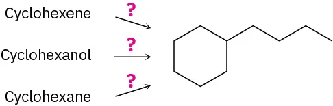 Cyclohexene, cyclohexanol, and cyclohexane eacg react with unknown reagents represented by question marks to form n-butylcyclohexane.