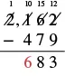 A long subtraction problem showing 2162 minus 479, with borrowing indicated, resulting in 1683. The final answer, 1683, is partially highlighted in red (the '6').