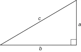 A right-angled triangle with sides labeled 'a' (vertical), 'b' (horizontal), and 'c' (hypotenuse). A square indicates the right angle at the bottom right corner.