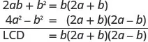Algebraic factorization of `2ab + b^2` and `4a^2 - b^2`, demonstrating how to find the Least Common Denominator (LCD) of these expressions, which is `b(2a + b)(2a - b)`.
