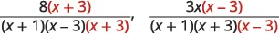 Two algebraic fractions showing common factors highlighted in red, indicating terms like (x+3) and (x-3) that can be cancelled for simplification.