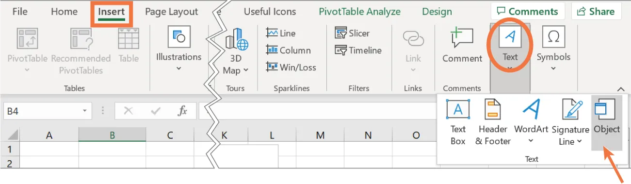 Text button selected from Insert tab in Excel. Opens to options for: Text Box, Header & Footer, WordArt, Signature Line, and Object. Object is indicated.