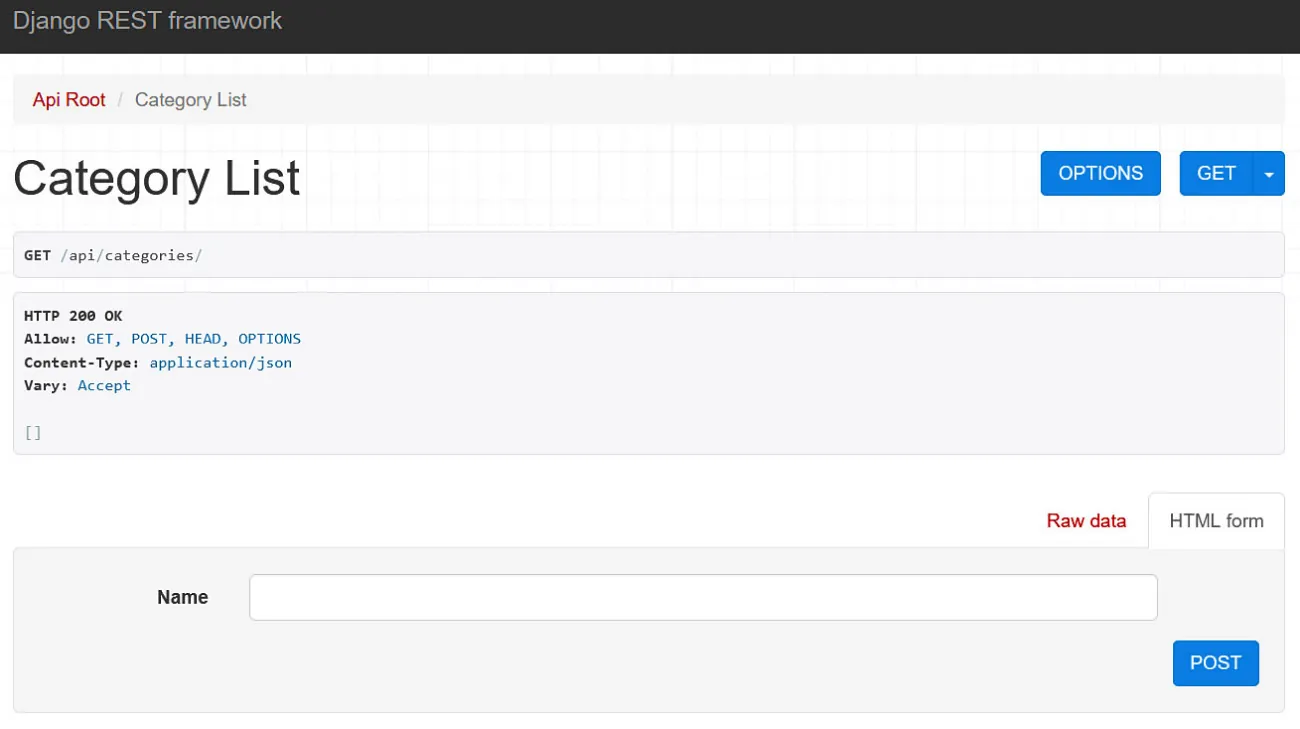 Screenshot of Category List with API path.