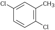 In a benzene ring, C 1 and C 4 are each bonded to a chlorine atom and C 2 is bonded to a methyl group.