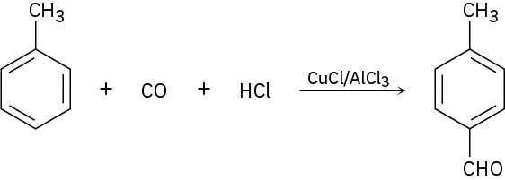 Toluene reacts with carbon monoxide and hydrogen chloride in the presence of copper (1) chloride or aluminum trichloride to form toluene with an aldehyde group in the para position.