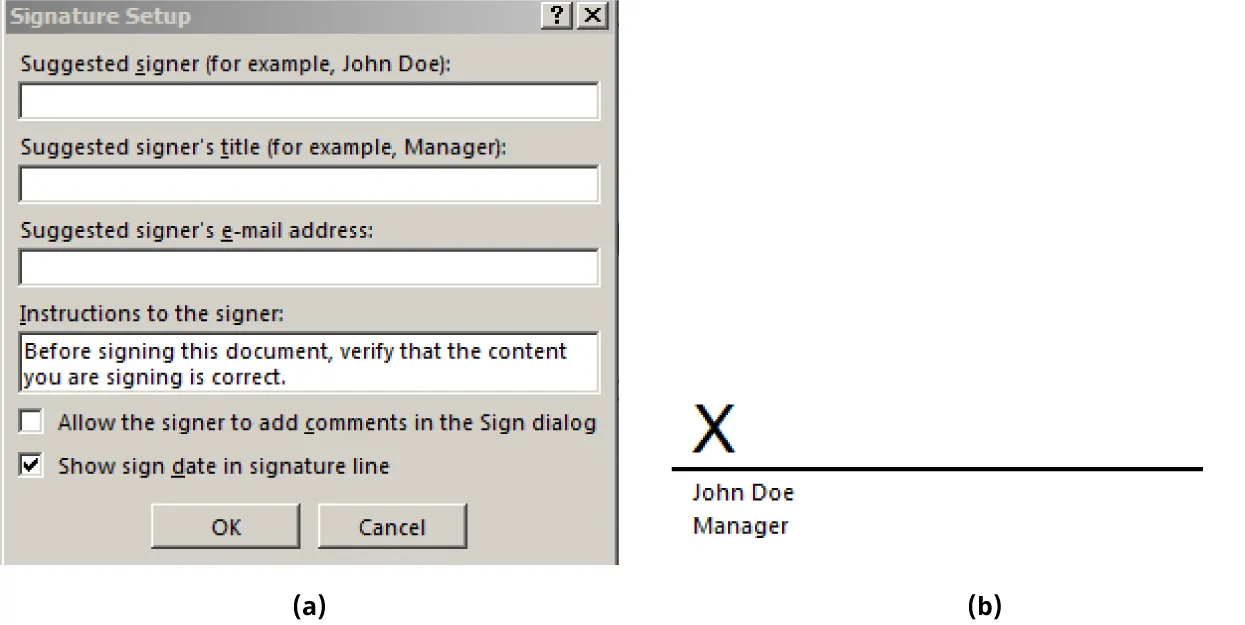 (a) Signature Setup pane lists various options followed by blank boxes for inserting information. (b) A blank signature line is visible with an X and John Doe/Manager below the line.
