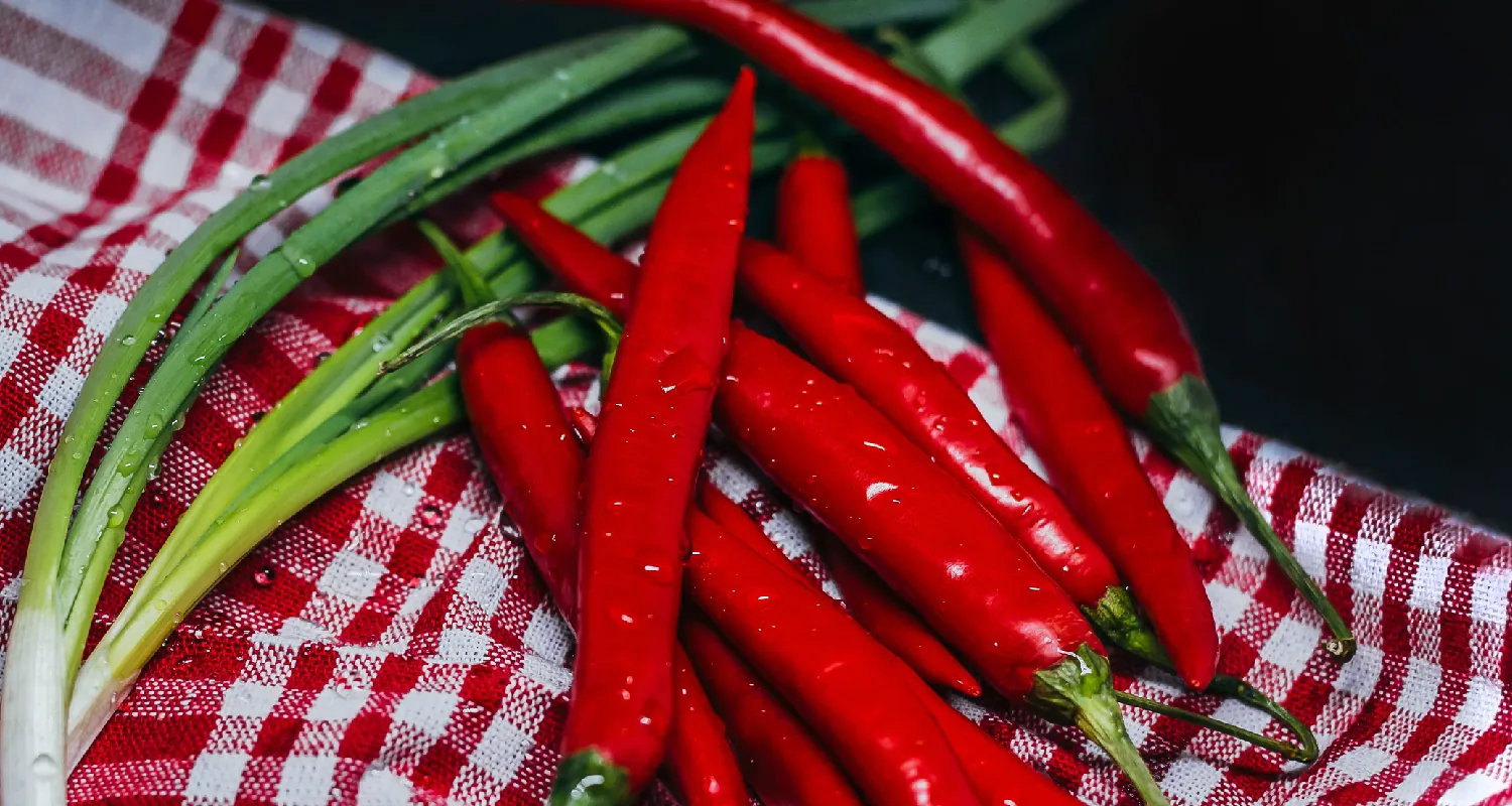 Skinny chili peppers and green onions on a checkered cloth napkin.