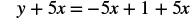 The image shows the algebraic equation y + 5x = -5x + 1 + 5x.
