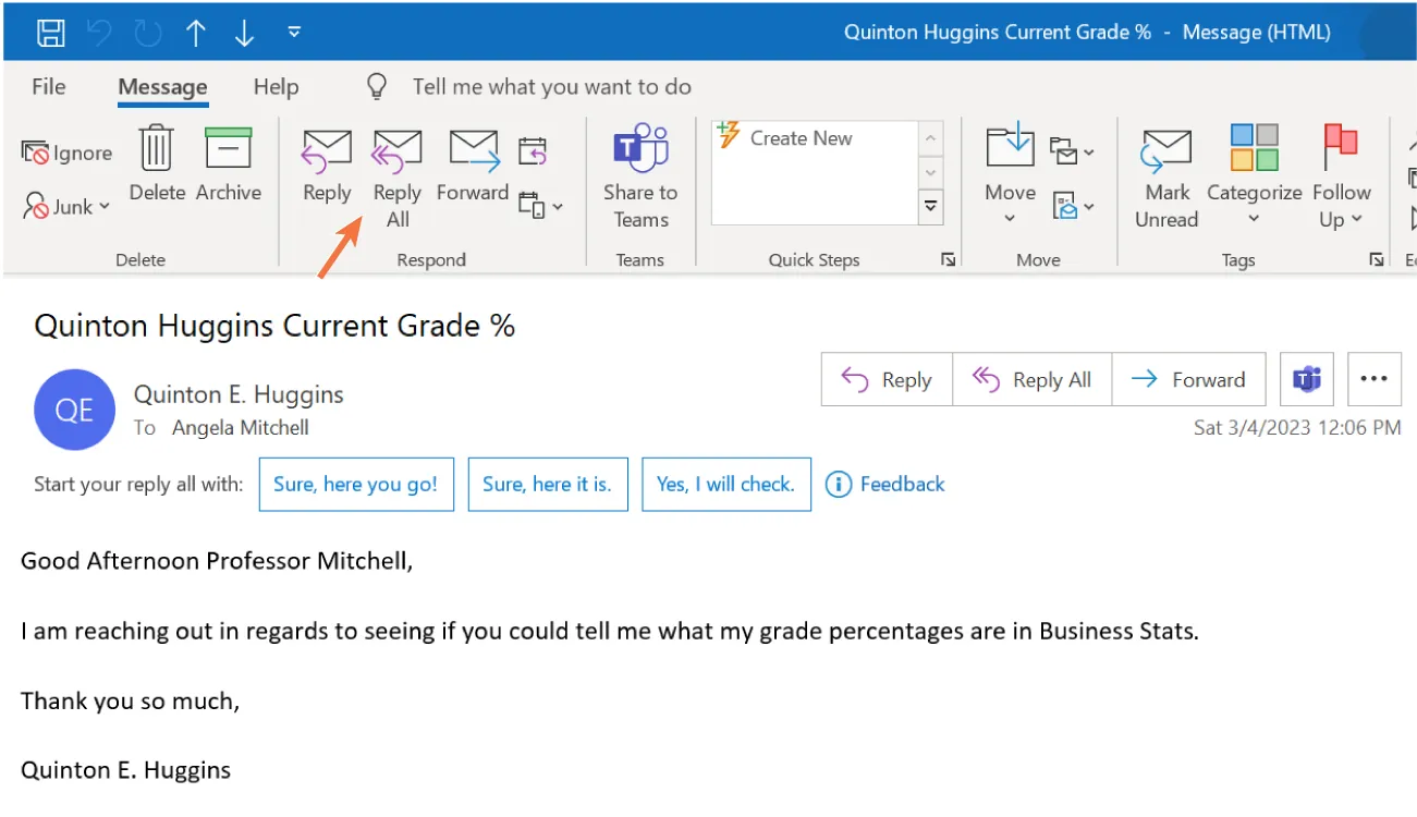 The Message tab is selected in an email window. Reply All is selected in the Respond command group. Reply, Reply All, and Forward buttons are visible at the right.