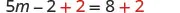 An algebraic equation '5m - 2 + 2 = 8 + 2' is shown, with the number '2' highlighted in red on both sides, indicating an addition operation performed to balance the equation and solve for 'm'.