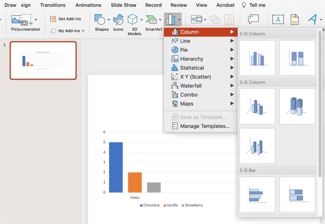 Chart is selected in the Illustrations command group and opens to an option pane. Column is selected and opens to a pane of various 2-D and 3-D Column and Bar chart options.
