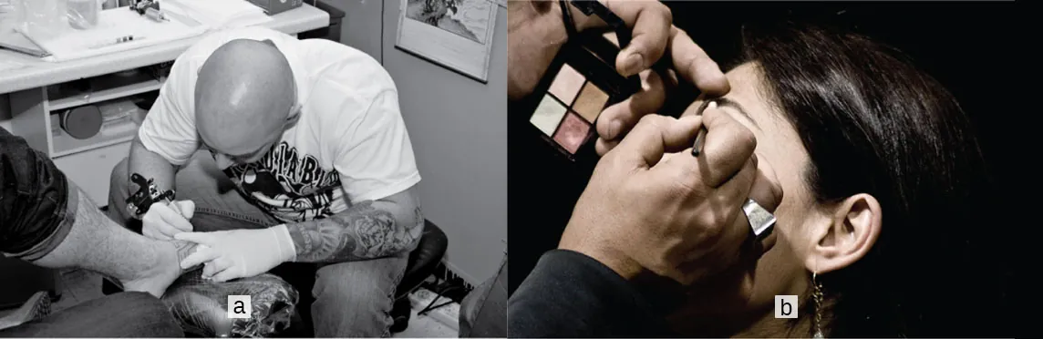 Photo A shows a person getting a tattoo on the foot. Photo B shows a woman getting her eyebrows groomed.
