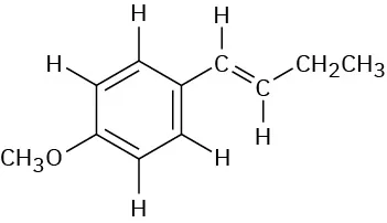 Two carbon atoms with a trans double bond in-between. C 1 is bonded to benzene with a methoxy group at C 4. C 2 is bonded to an ethyl group.